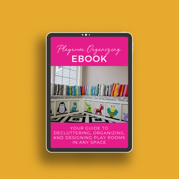Playroom Organizing Ebook cover on ipad screen with mustard color background