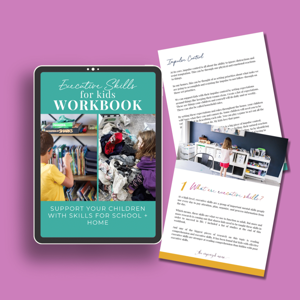 cover of executive skills for kids workbook on ipad with two pages next to ipad