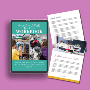 cover of executive skills for kids workbook on ipad with two pages next to ipad