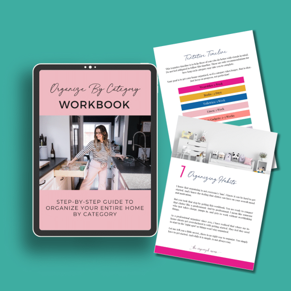 ipad with organizing by category workbook and pages from inside the workbook