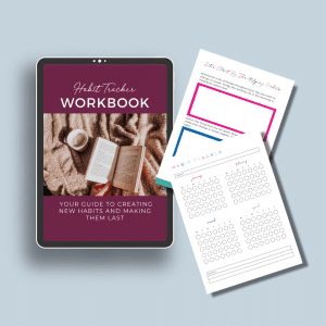 Habit tracker workbook on ipad with two pages from workbook on light blue background