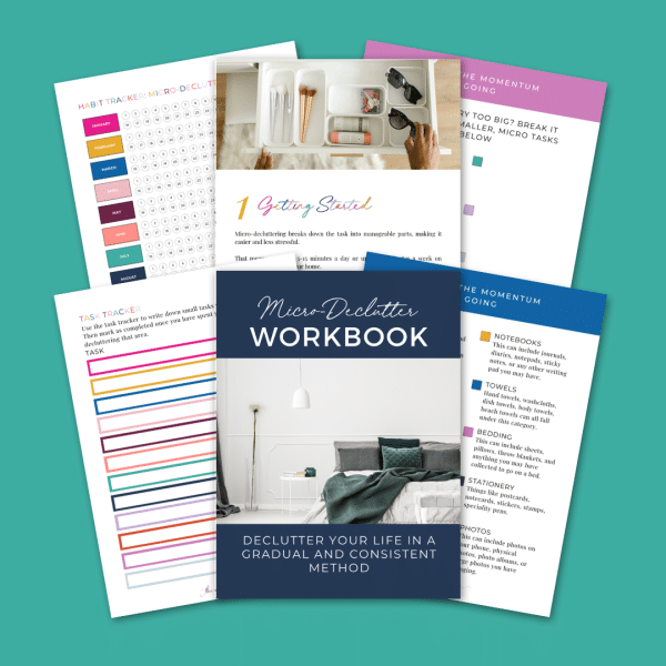 micro declutter workbook cover with five pages from inside the workbook on background